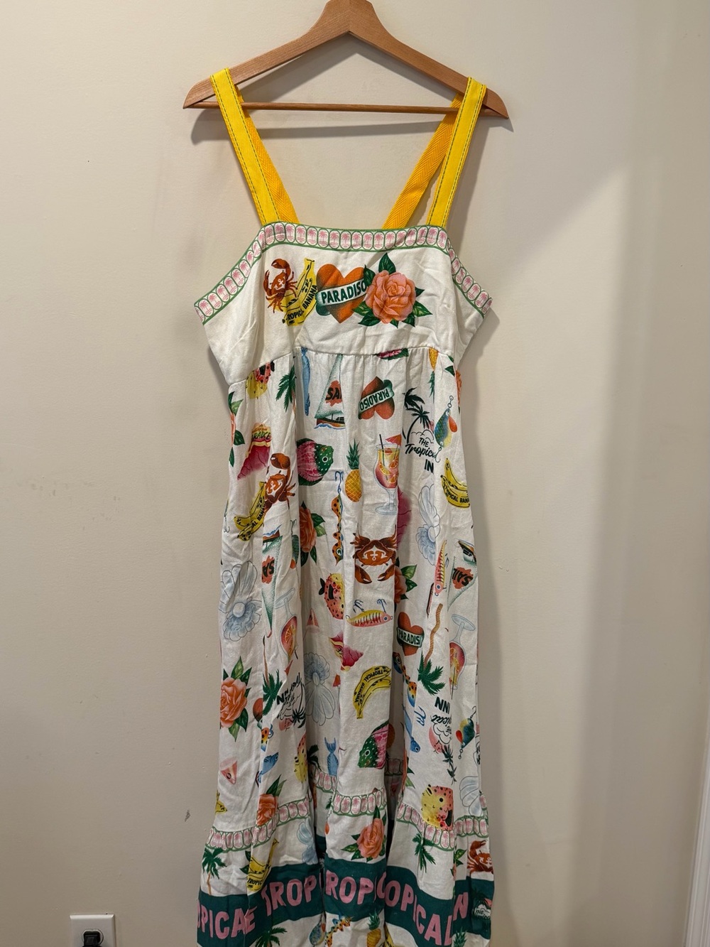 Girls' White Tropical Print Sundress with Yellow Straps
